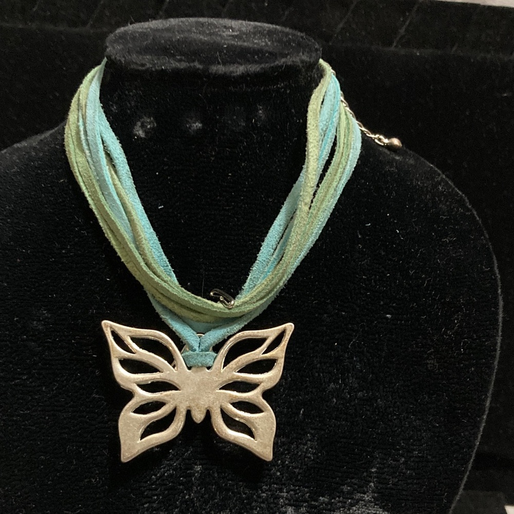 Butterfly Pendant Multi-Strand Necklace - Green/Teal